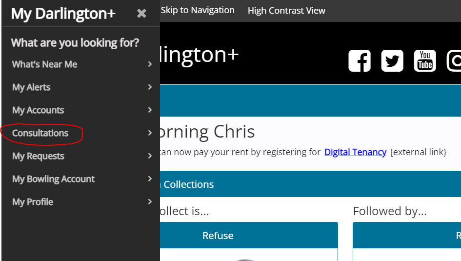 My Darlington+ navigation menu highlighting the Consultations link