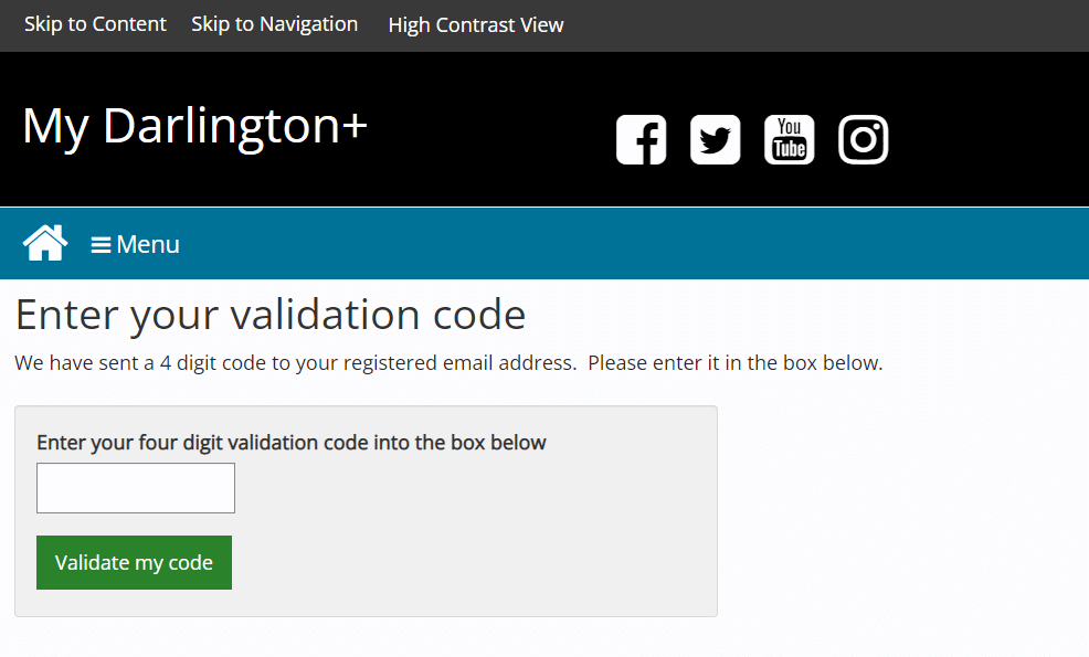 Password reset - enter your validation code screen