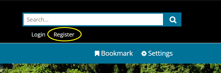 Registration link in header highlighted by yellow circle