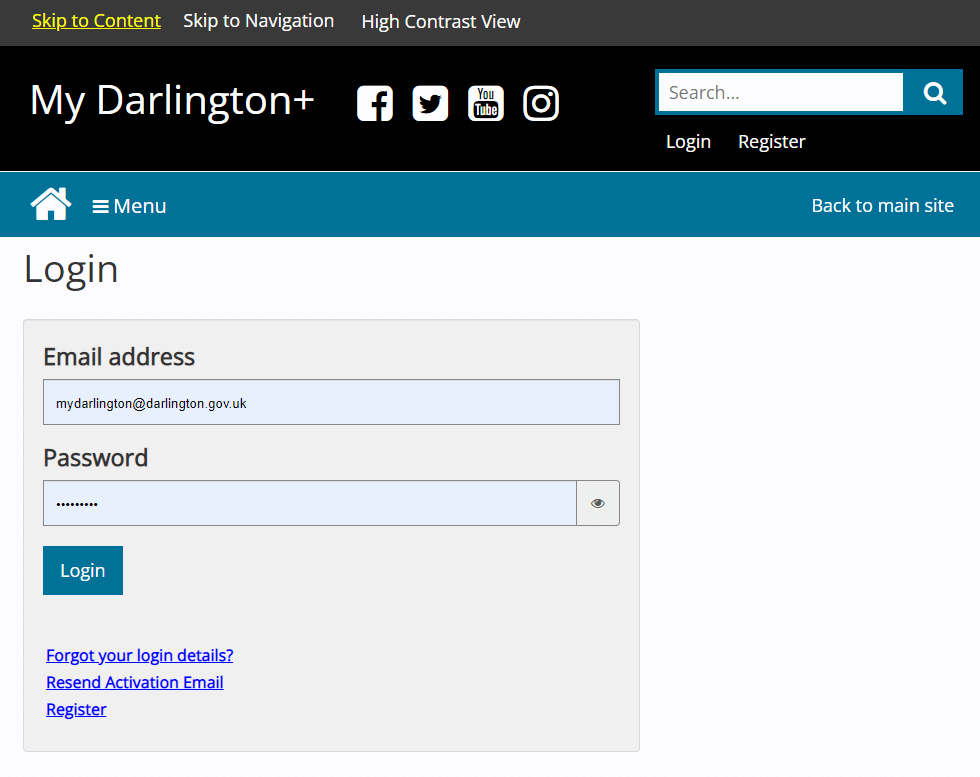 My Darlington+ login screen