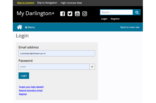 My Darlington+ login screen