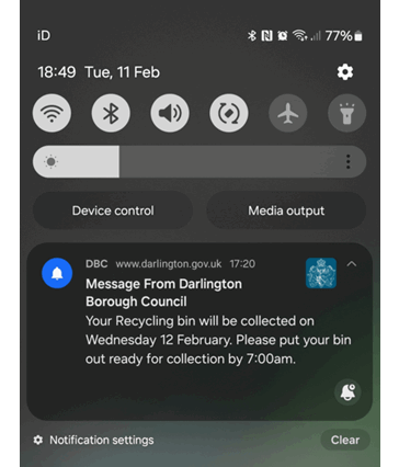 "A bin reminder notification sent to an Android phone
