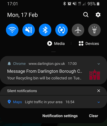 "A bin reminder notification sent to an Android phone