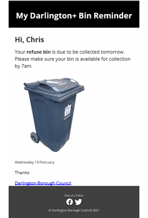 Bin reminder email