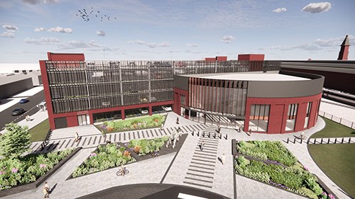 View looking southwest towards the new station entrance.