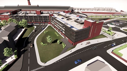 View looking north-west from Neasham Road - showing the multi-storey car park in the foreground and interchange beyond.