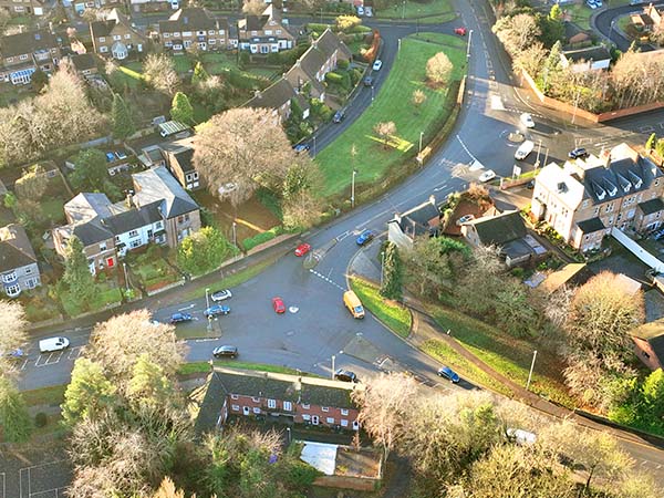 existing layout of the joint roundabouts connecting Woodland Road, Carmel Road and Staindrop Road