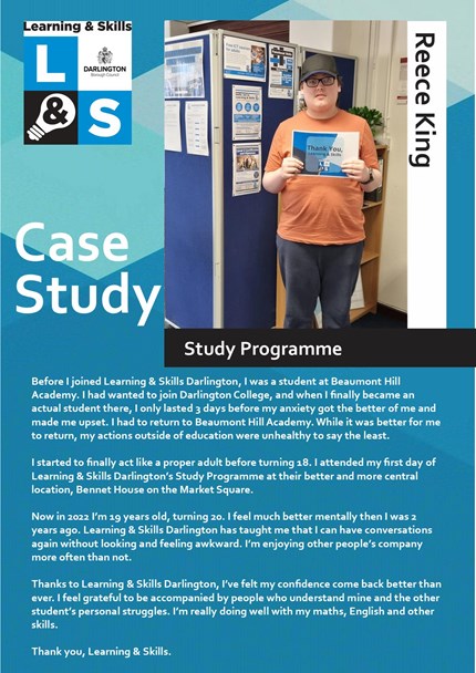 A case study poster with picture of our student Reece King holding up a Thank You Learning & Skills sign. Underneath is Reece's quote.