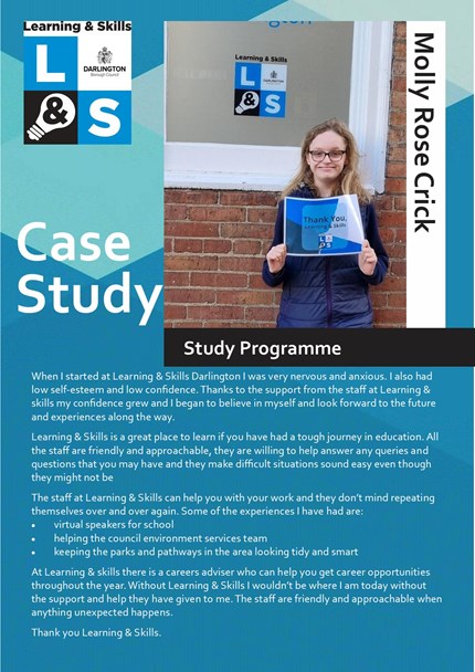 A case study poster with picture of our student Molly Rose King holding up a Thank You Learning & Skills sign. Underneath is Mollys quote.