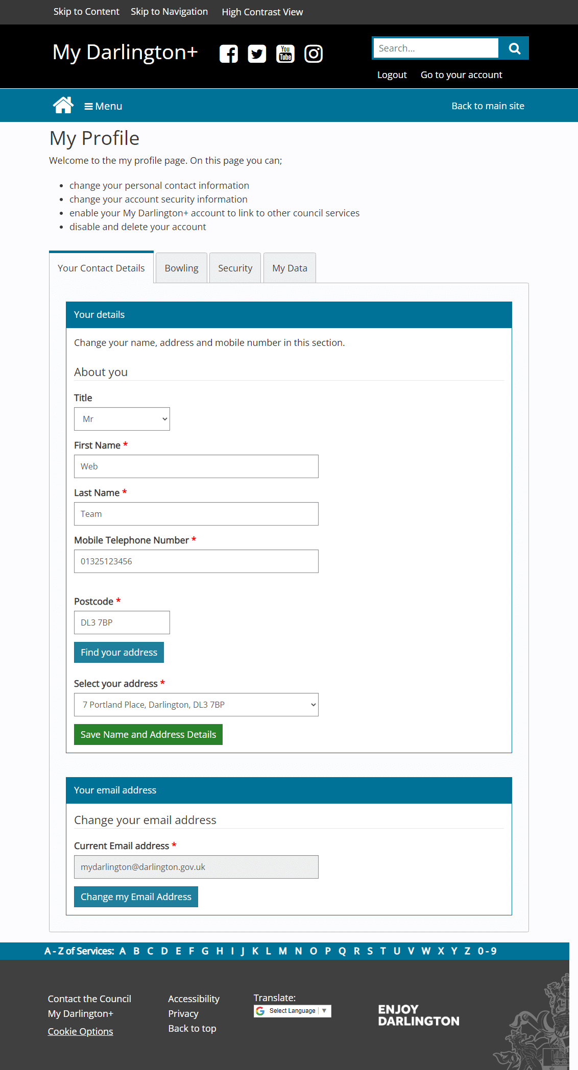 My Darlington My Profile page contact details tab