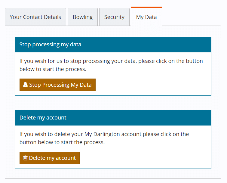 My Darlington - deleting your account or stop processing data