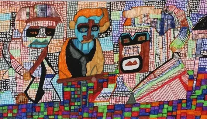 Abstract shapes making up three figures
