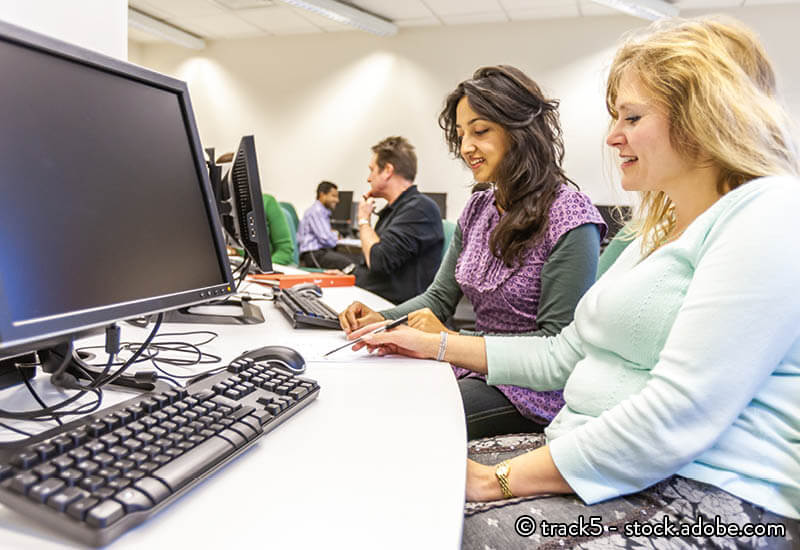 A group of learners sitting at desktop pcs