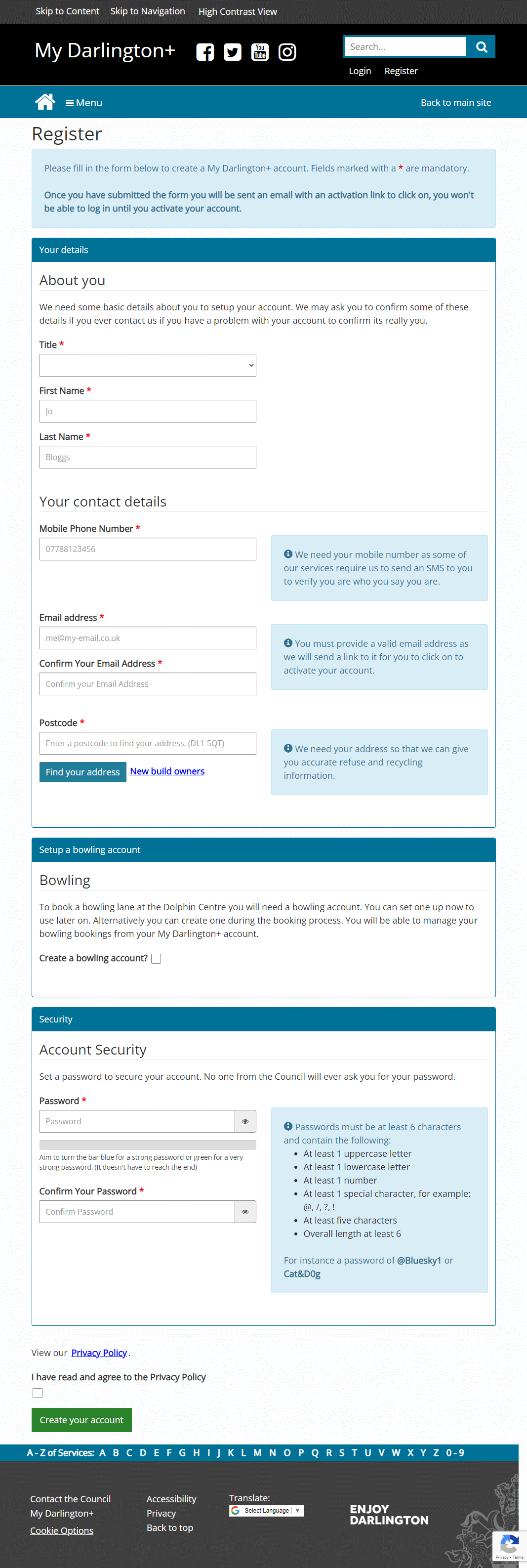 My Darlington Account Registration page