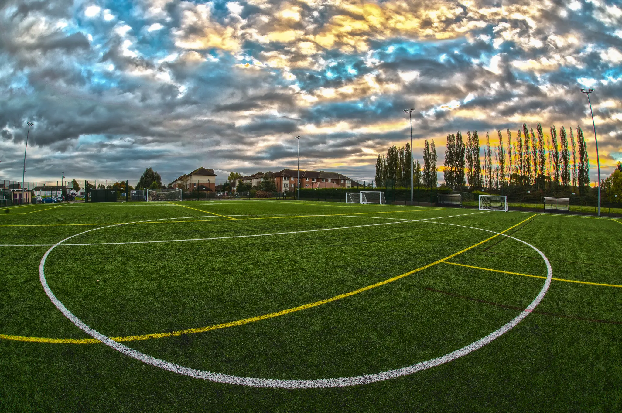 Eastbourne Sports Complex 3g Football pitch as the sun goes down in the background